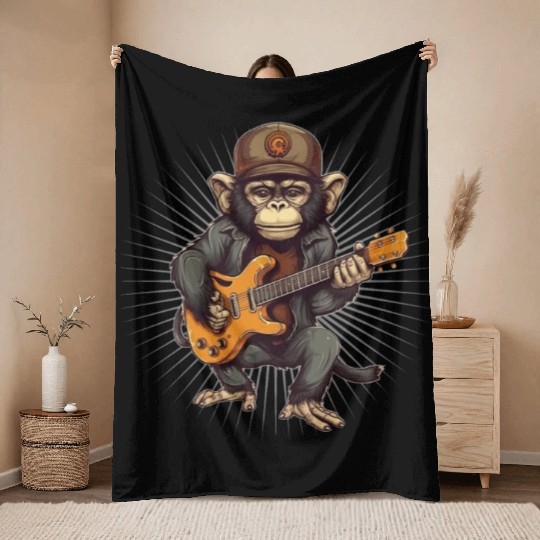 Monkey Chimpanzee Playing Acousitc Rock Guitar Throw Blankets