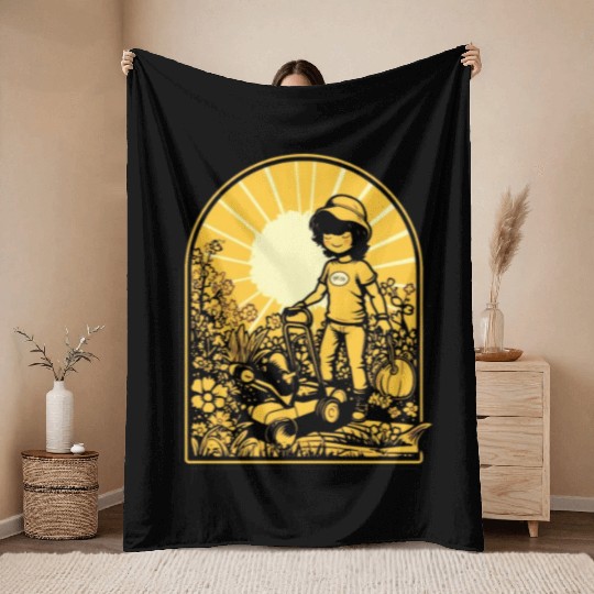 Mower Gardening Lawn Mowing Gardener Anime Kawaii Throw Blankets