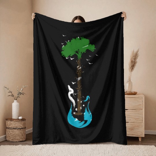Guitar Nature Musician Earth Day Tree Guitarist Throw Blankets