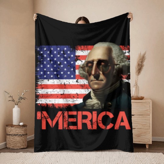 Merica George Washington Independence Day USA Throw Blankets