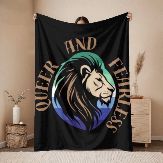 LGBTQ Queer and Fearless, Lion with Gay Flag Throw Blankets