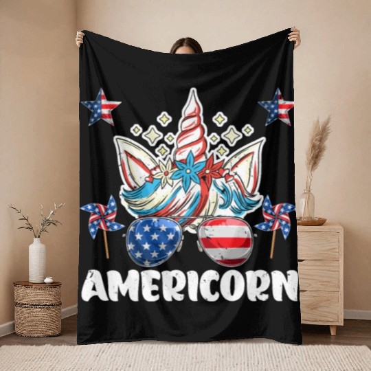 Independence Day Americorn Unicorn USA Party Throw Blankets