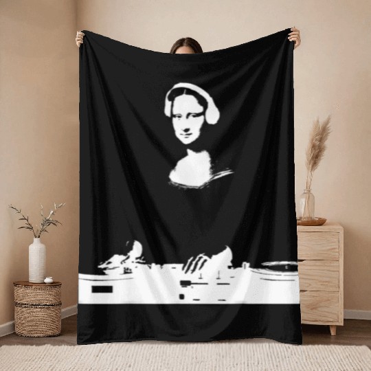 Dj Mona Lisa with Dj Headphone behind a dj table Throw Blankets