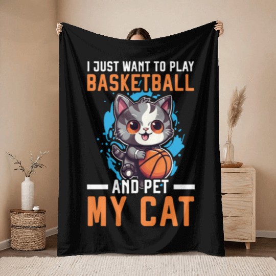 Basketball Cat Basketball Player I Love Basketball Throw Blankets