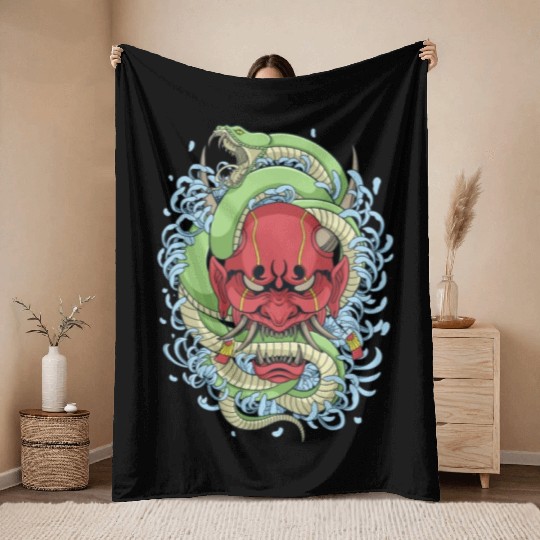 Japanese oni mask with peony flower and greem snak Throw Blankets