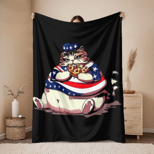 Fat American pizza cat Throw Blankets