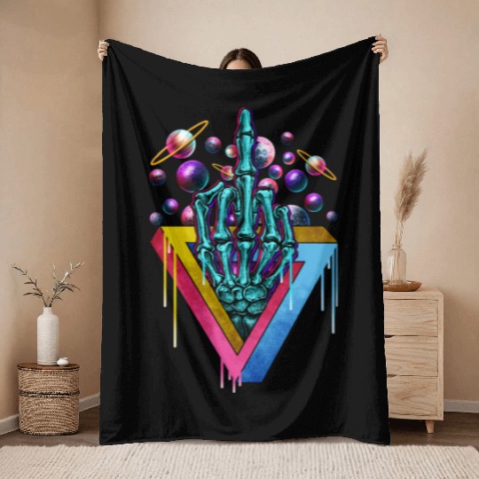 Trippy skeleton middle finger Throw Blankets