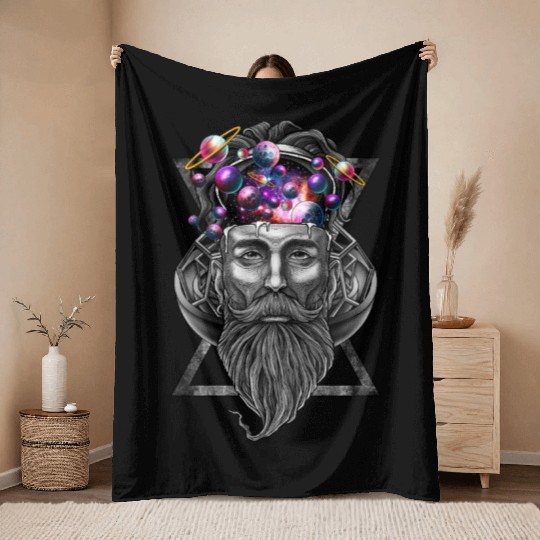 Long beard hipster trippy solar system Throw Blankets