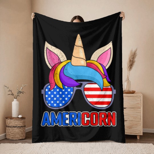 Americorn Independence Day Party Unicorn USA Throw Blankets