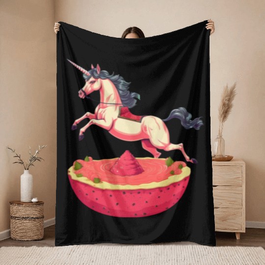 Unicorn with Watermelon and Dragonfruit - Tropical Throw Blankets
