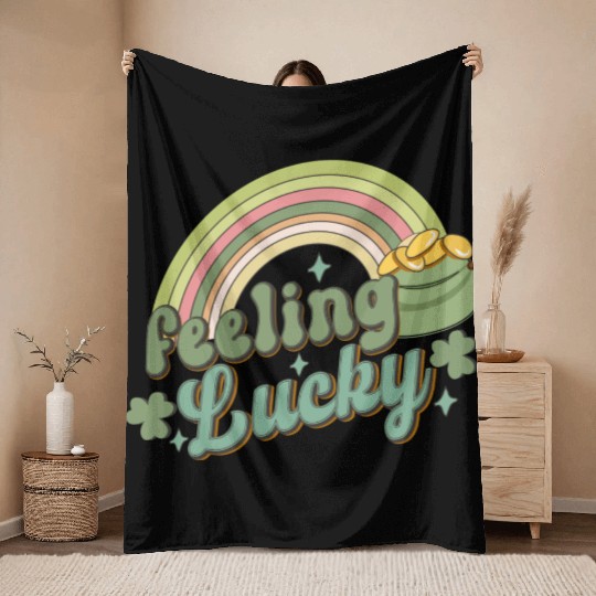 Feeling Lucky Saint Patricks Day Rainbow quote Throw Blankets