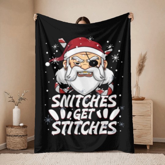 Snitches Get Stitches Santa Hat Funny Santa Pirate Throw Blankets