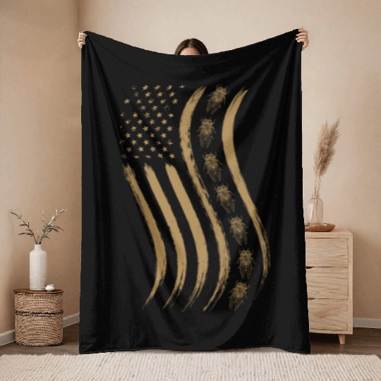 Cicada Line In Waving Distressed Us Flag For Throw Blankets