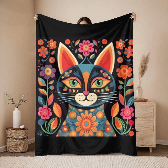 Folk Art Cat Floral Throw Blankets