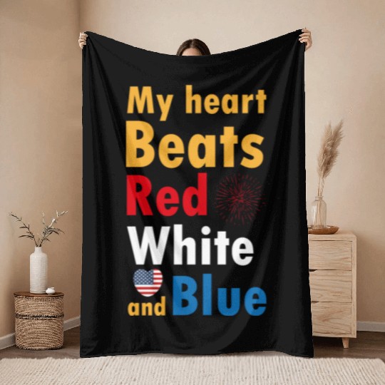 my heart beats red white and blue Throw Blankets