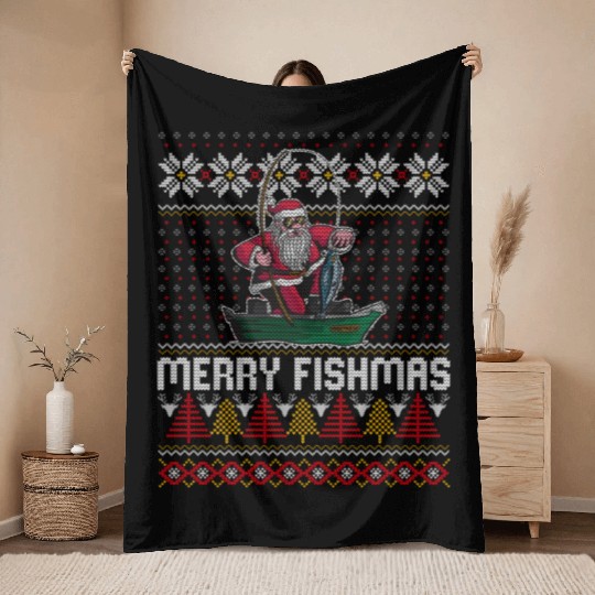 Merry Fishmas Ugly Throw Blankets