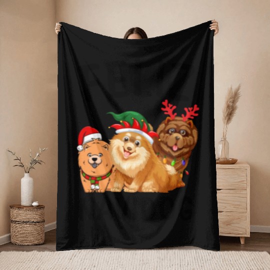 Feliz Navidog Chow Chow Reindeer Christmas Light Throw Blankets