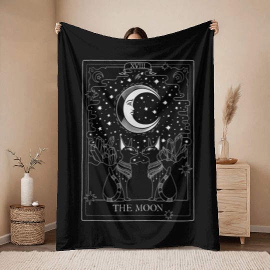 Tarot Card Crescent Moon And Sphynx Cat Occult Throw Blankets