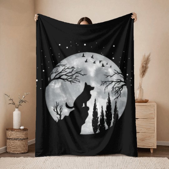 German Shepherd Dog Full Moon At Night German Shep Throw Blankets