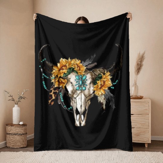 Bull Skull And Sunflowers Throw Blankets