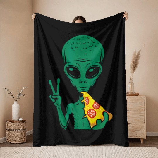 Funny Alien Eating Pizza Alien Lover Throw Blankets