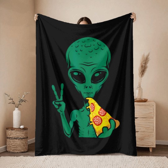 Funny Alien Eating Pizza Alien Lover Throw Blankets