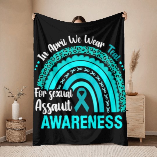Rainbow In April We Wear Teal Sexual Assault Aware Throw Blankets