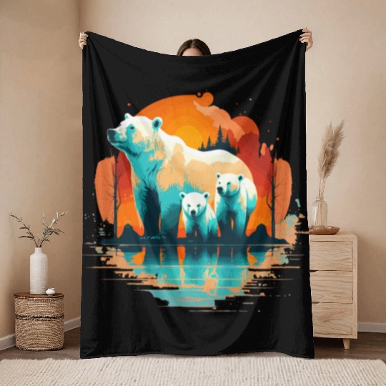 Polar Bear with cubs, Snow Spectrum Throw Blankets