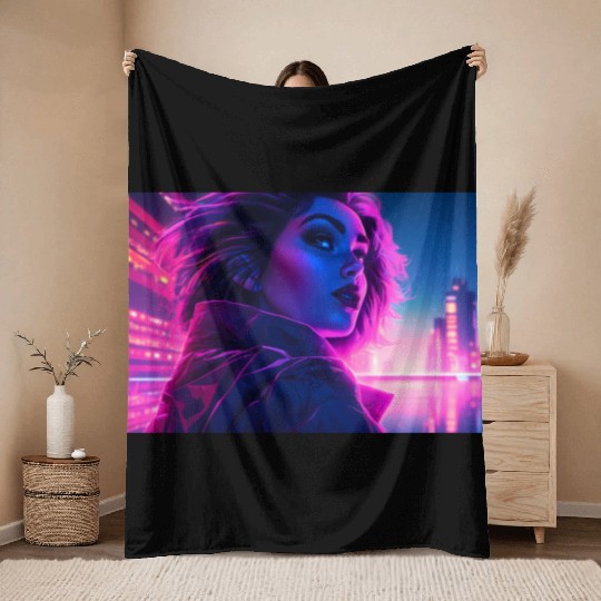 Synthwave Girl - Futuristic Design neon colors Throw Blankets