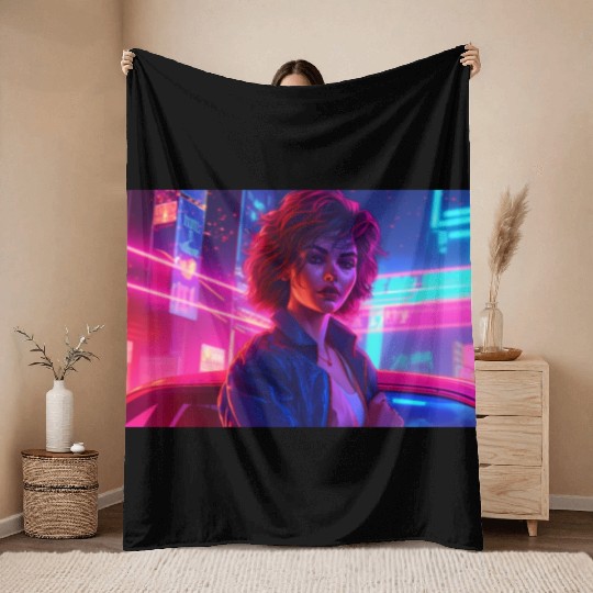 Synthwave Girl - Anime Portrait in Neon Colors Throw Blankets