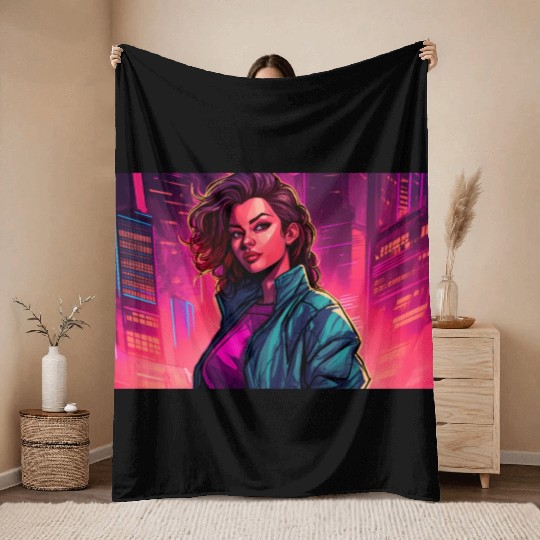 Girl in front of a Neon Pink Cityscape Throw Blankets
