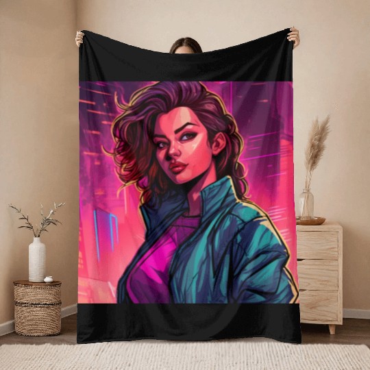 Synthwave City Bloom - Neon Pink Cityscape Throw Blankets