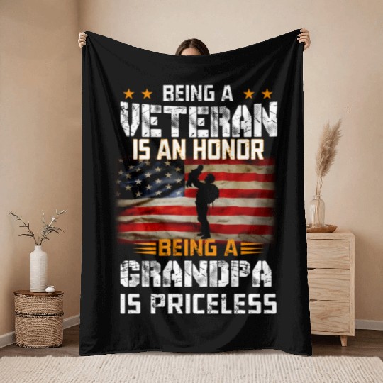Mens Being A Veteran Is An Honor Grandpa Is Pricel Throw Blankets