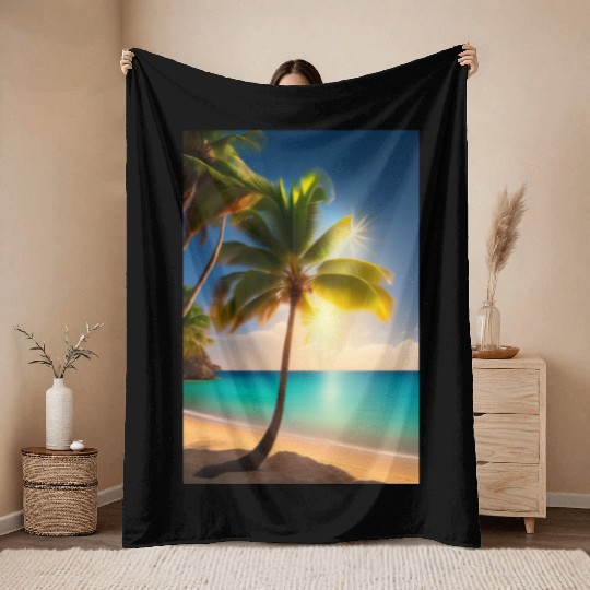 the Palm tree with sun shine logo design Throw Blankets