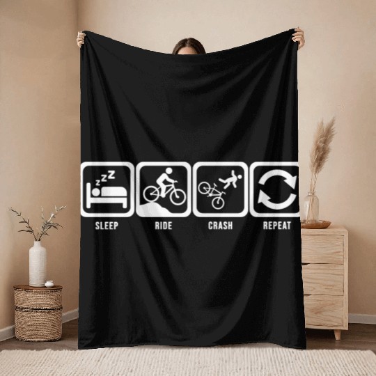 Sleep Ride Crash Repeat White Mountain Bike Throw Blankets