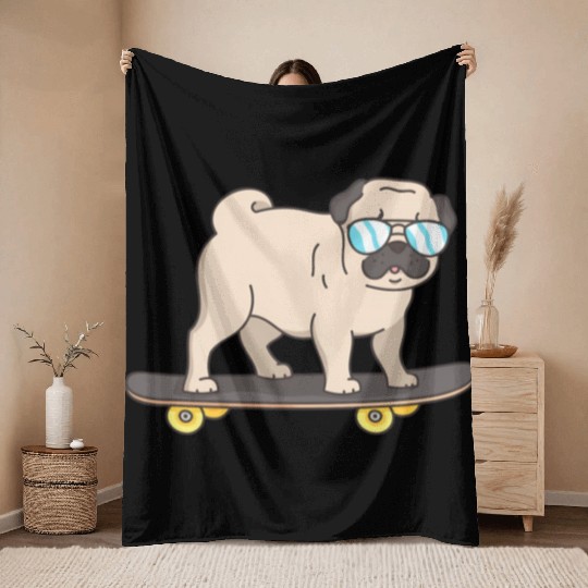 Cartoon Pug With Glasses On A Skateboard Throw Blankets
