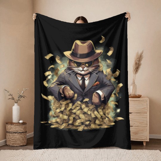 Gangster Cat Dressed In A Stylish Suit And Cash Throw Blankets