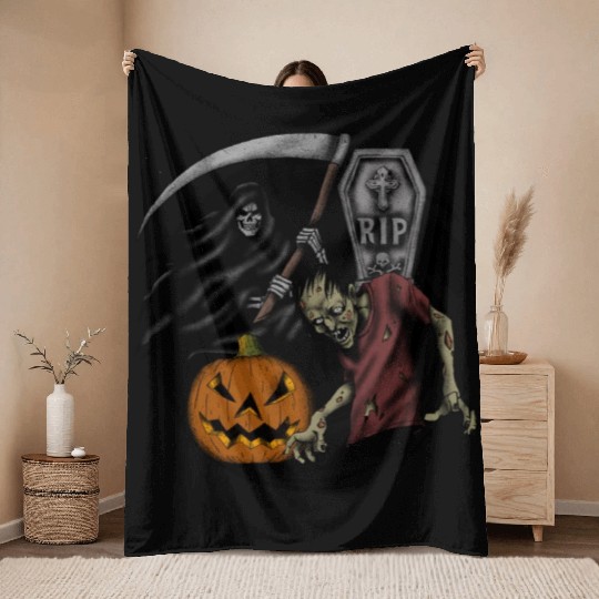 Scary pumpkin zombie Halloween grim reaper Throw Blankets