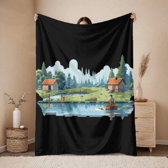 Fisherman Nature 8-bit style Throw Blankets