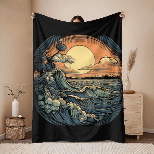 serene ocean sunset with large waves (4) Throw Blankets