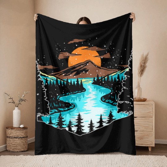 Wildlife Mountain River Outdoor Nature Full Moon Throw Blankets
