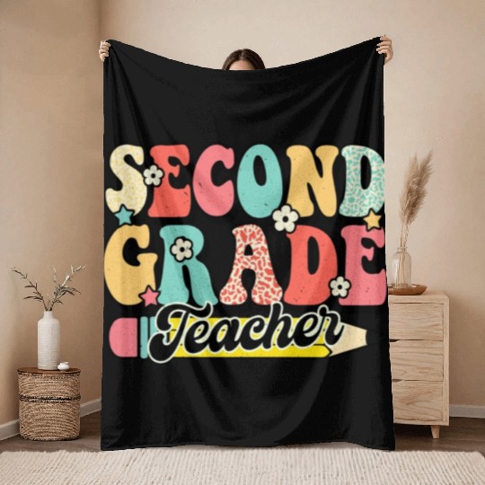 Retro Groovy Second Grade Teacher First Day 2nd Throw Blankets
