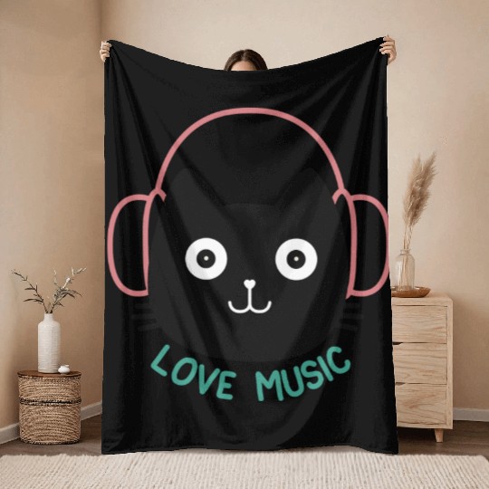 Cute Cat Listening Music Throw Blankets