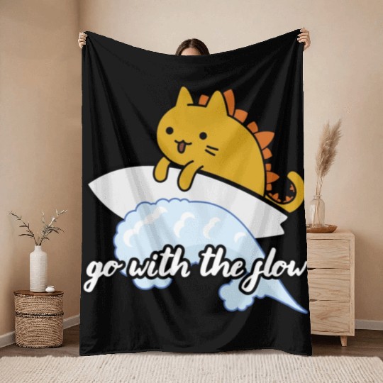 Catzilla Surfer Surf Lover Go With The Flow Throw Blankets