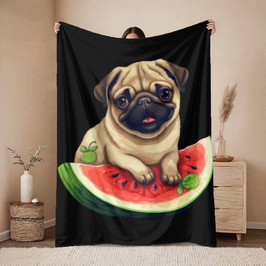 Pug with Melon, Funny Summer Design for Dog Lovers Throw Blankets