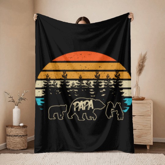 Papa Bear With Three Bear Cubs Throw Blankets