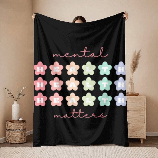 Mental Health Matters Retro Flowers Pastel Rainbow Throw Blankets
