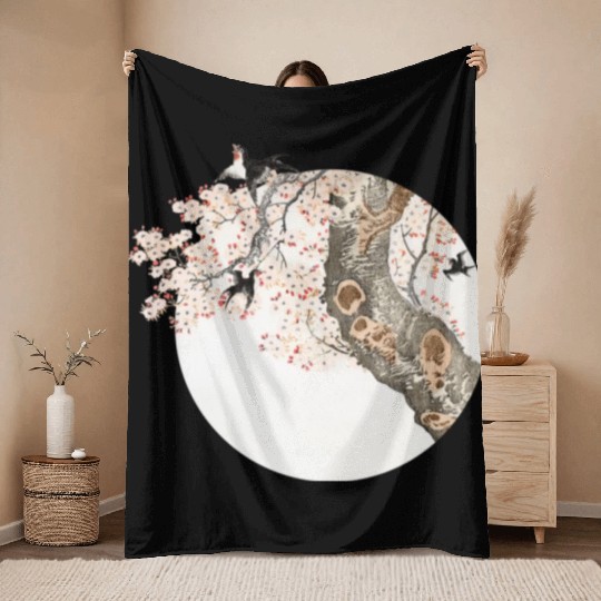 Katsushika Hokusai’s cherry tree'n birds Throw Blankets