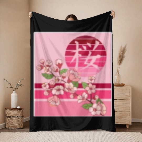 Cherry Blossom Throw Blankets, Sakura Flowers Kanji Pocket