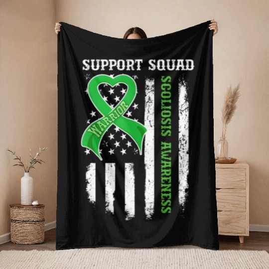 Usa Flag Support Squad Scoliosis Awareness Throw Blankets